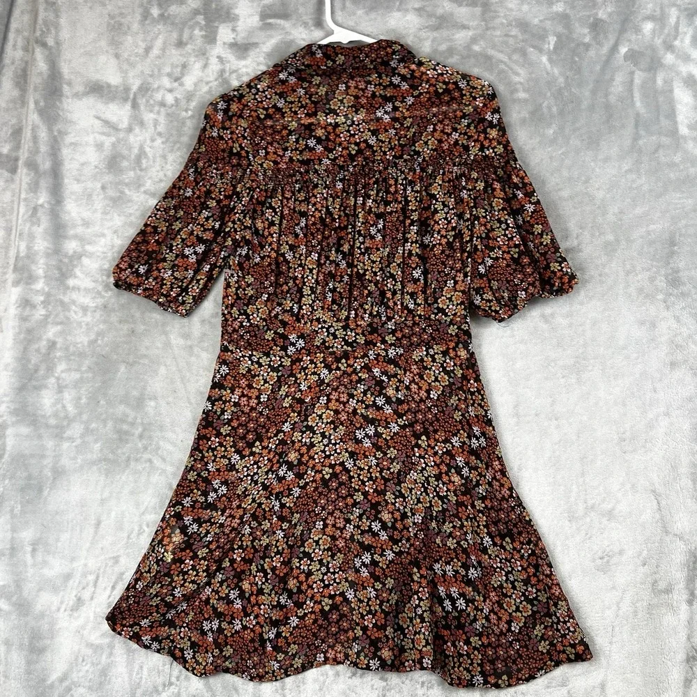 Free People Floral Mini Dress Button Front Puff Sleeve Ditsy Print Brown Multi
